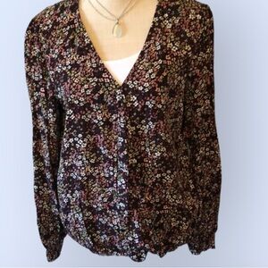 ReCreation black floral wrap blouse, med. NWT